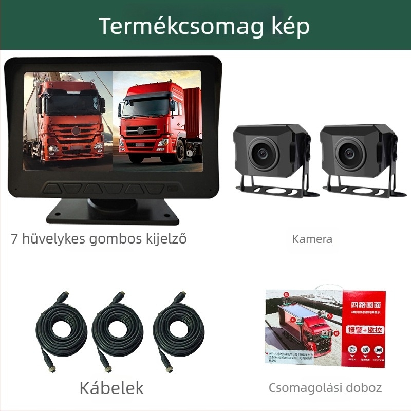 Teherautókhoz való visszafelé néző kijelző rendszer dupla kijelzős, 1024x600 felbontás, két kamera, sávszélesség 2 MHz, NP-kompatibil