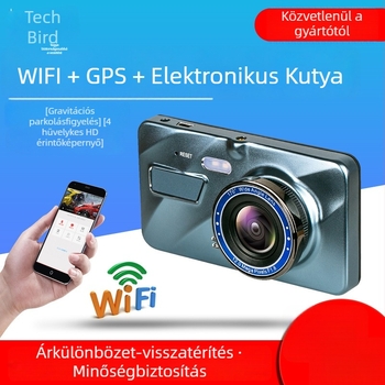 4 hüvelykes autós dash cam HD éjszakai látással, első és hátsó dupla lencsével, Wi‑Fi, érintőképernyő és GPS