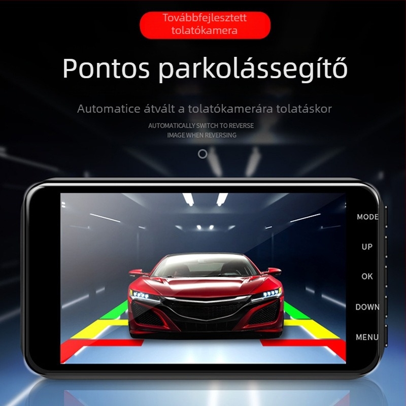 4 hüvelykes autós dash cam HD éjszakai látással, első és hátsó dupla lencsével, Wi‑Fi, érintőképernyő és GPS