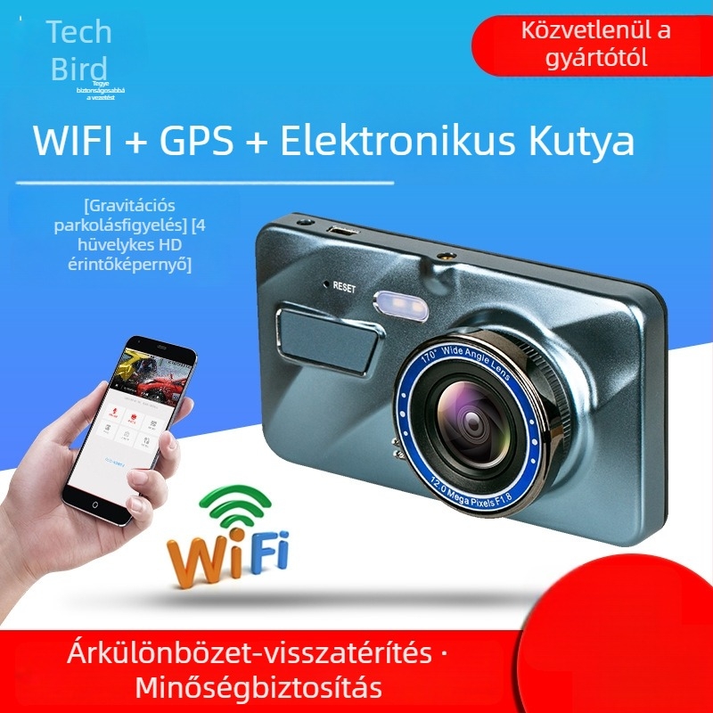 4 hüvelykes autós dash cam HD éjszakai látással, első és hátsó dupla lencsével, Wi‑Fi, érintőképernyő és GPS