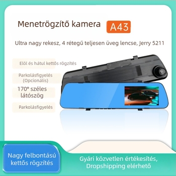 4,3 hüvelykes HD éjjellátó autós dashcam elő- és hátsó felvétellel, visszapillantó tükörrel, 1080p