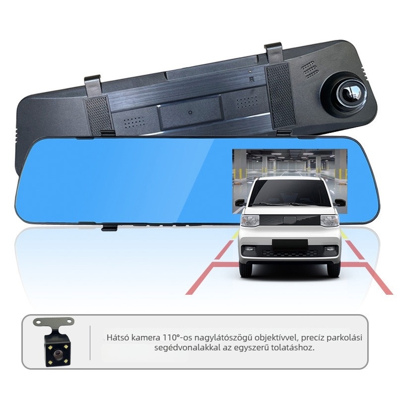 4,3 hüvelykes HD éjjellátó autós dashcam elő- és hátsó felvétellel, visszapillantó tükörrel, 1080p