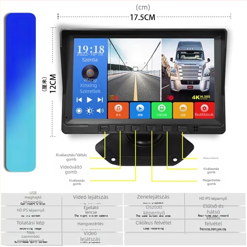 Kétcsatornás kamion DVR 7 hüvelykes kijelzővel, 2160p éjszakai látás, elöl- és hátsó felvétel, tolató kép, parkolási mód, Wi‑Fi, ütésálló