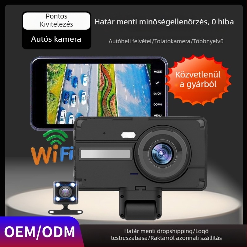 Dashcam autóhoz éjjellátó infravörös, első és belső kamera, mindent egyben, Wi-Fi és mobiltelefonos lejátszás