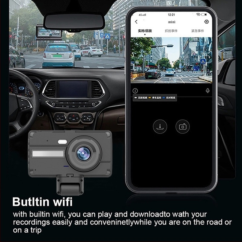 Dashcam autóhoz éjjellátó infravörös, első és belső kamera, mindent egyben, Wi-Fi és mobiltelefonos lejátszás