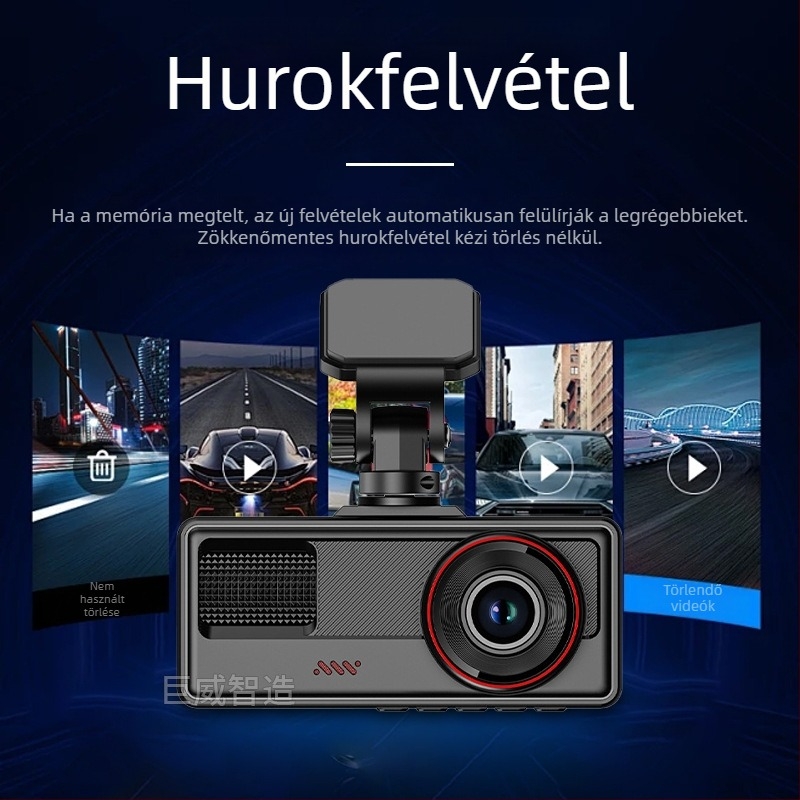 Háromlencsés autós dash cam, elöl és hátul rögzítés, 1080p, éjszakai látás, 2 colos kijelző, Wi-Fi