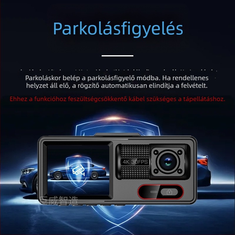 Háromlencsés autós dash cam, elöl és hátul rögzítés, 1080p, éjszakai látás, 2 colos kijelző, Wi-Fi