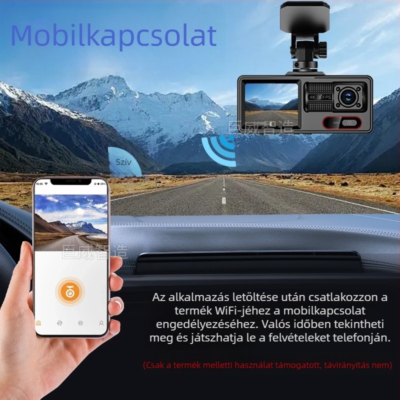 Háromlencsés autós dash cam, elöl és hátul rögzítés, 1080p, éjszakai látás, 2 colos kijelző, Wi-Fi