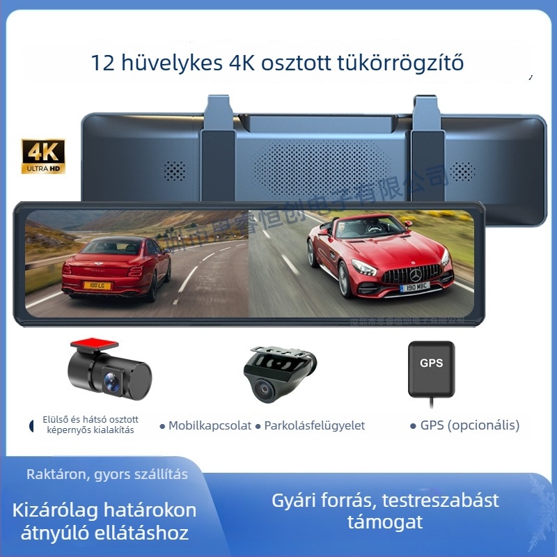 4K dash kamera WiFi kapcsolattal és kettős külső, szétválasztható hátsó tükörrel