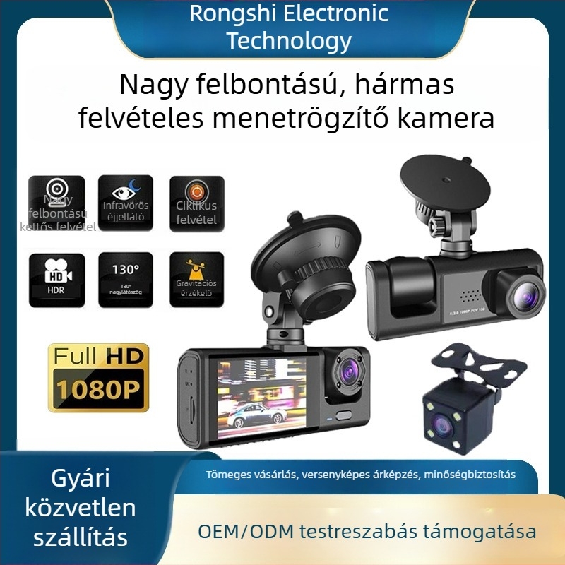 Háromcsatornás autós dash cam éjszakai látással, Wi-Fi, parkolásfigyelés, 1080P