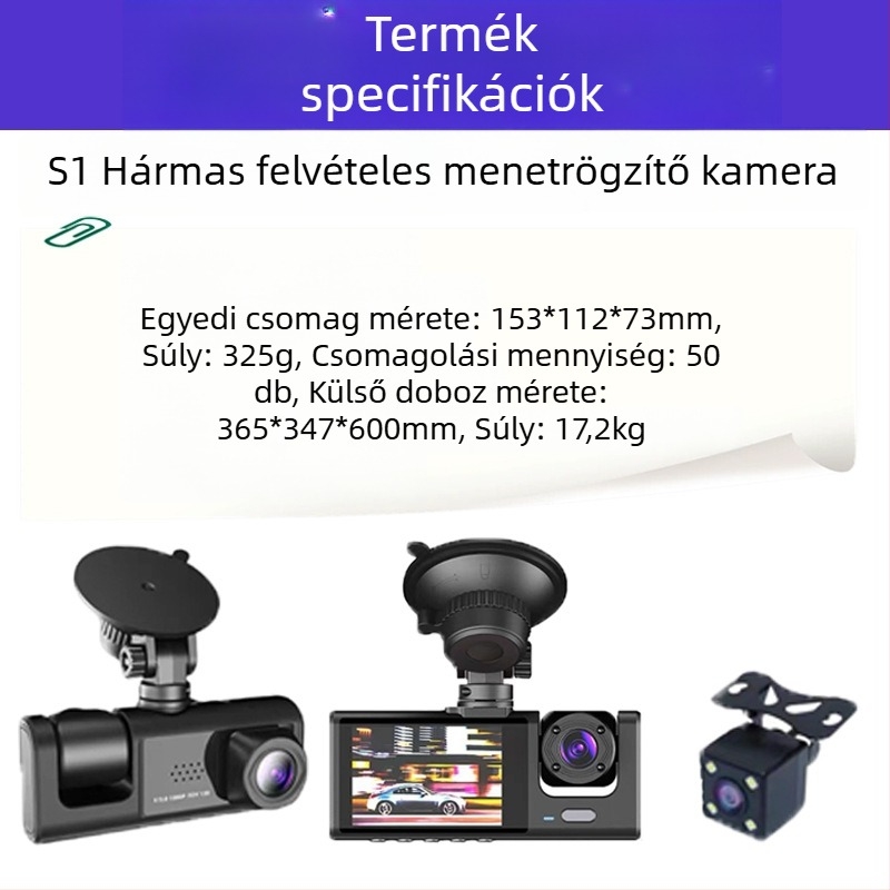 Háromcsatornás autós dash cam éjszakai látással, Wi-Fi, parkolásfigyelés, 1080P