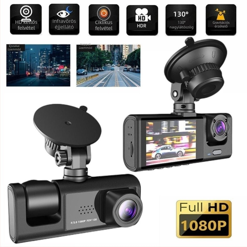 Háromcsatornás autós dash cam éjszakai látással, Wi-Fi, parkolásfigyelés, 1080P