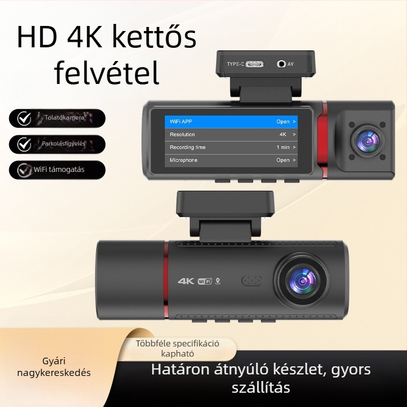 4K Dash Cam három lencsével, GPS-helymeghatározás, körkörös felvétel, éjszakai látás, parkolási nyomon követés, járműre szerelve