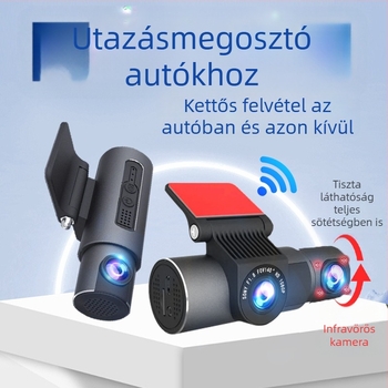 Belső és külső autós dash kamera, 2K Ultra HD, infravörös éjjellátás, vezeték nélküli Wi‑Fi és parkolási monitor