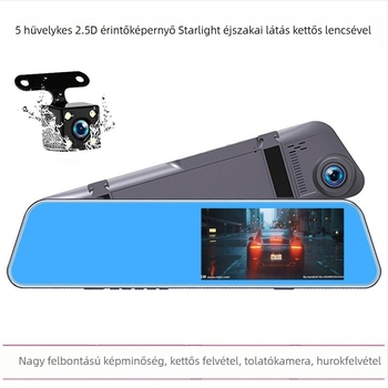 5 hüvelykes kijelzős visszapillantó tükör, érintéses autórögzítő, 1080p, csillagfényes éjszakai látás, kettős lencsés, tolató kép