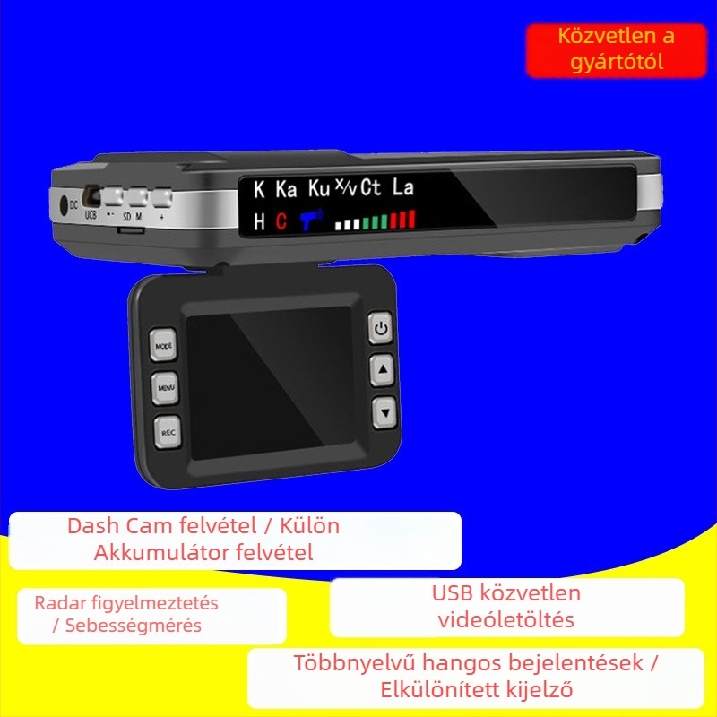 VG1 dash kamera radar detektorral és sebességfigyeléssel, 5MP, 140° látómező, akár 32GB memóriakártya, ciklikus felvétel, USB interfész