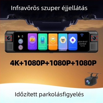 Hátsó tükörbe épített 4K dash kamera, 4 lencsével, 360° ADAS és parkolásfigyelés, sávváltási asszisztens, 170° látómező, Wi‑Fi