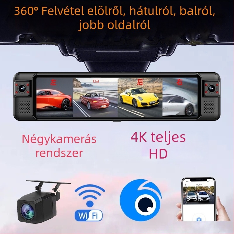 Hátsó tükörbe épített 4K dash kamera, 4 lencsével, 360° ADAS és parkolásfigyelés, sávváltási asszisztens, 170° látómező, Wi‑Fi