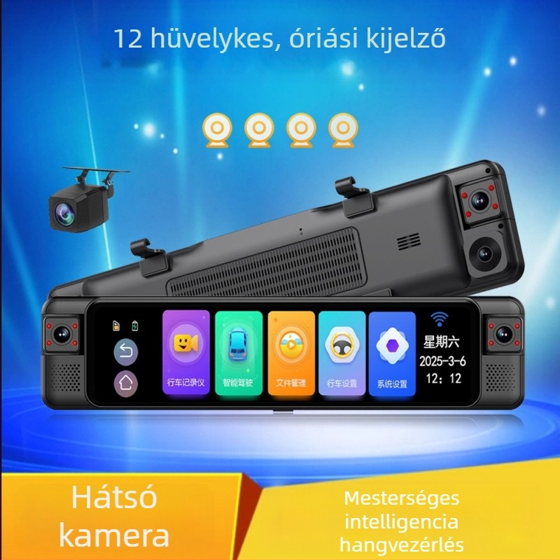 Hátsó tükörbe épített 4K dash kamera, 4 lencsével, 360° ADAS és parkolásfigyelés, sávváltási asszisztens, 170° látómező, Wi‑Fi