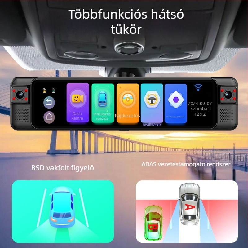 Hátsó tükörbe épített 4K dash kamera, 4 lencsével, 360° ADAS és parkolásfigyelés, sávváltási asszisztens, 170° látómező, Wi‑Fi