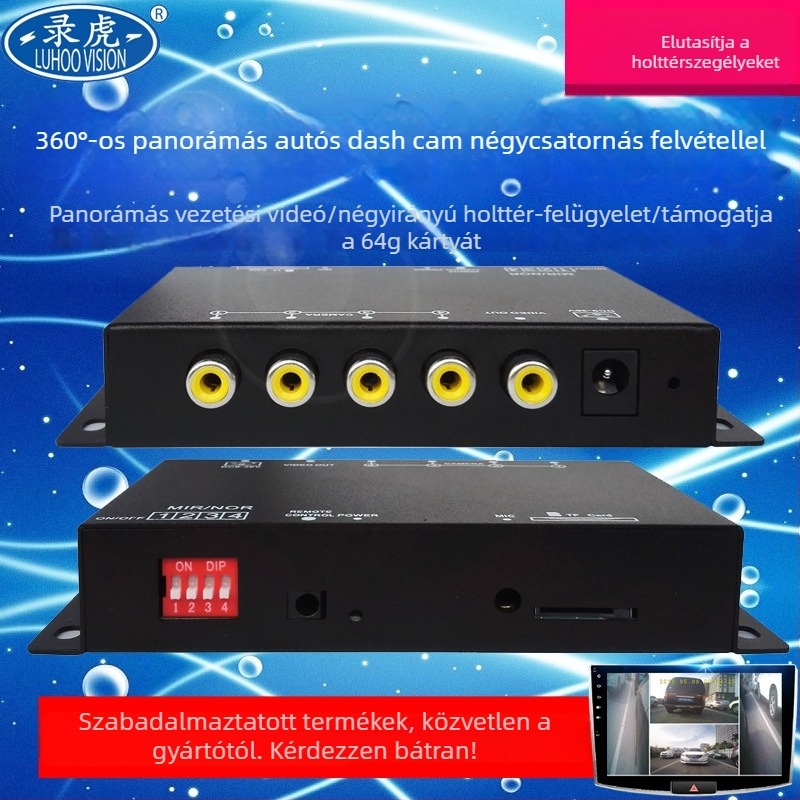 Négycsatornás autós dashcam 360° panorámaképpel (elöl, hátul és oldalsó területek) – Modell ST312, 1.0 MP, maximum 64 GB, 32 óra felvétel, tápfeszültség 9–36 V