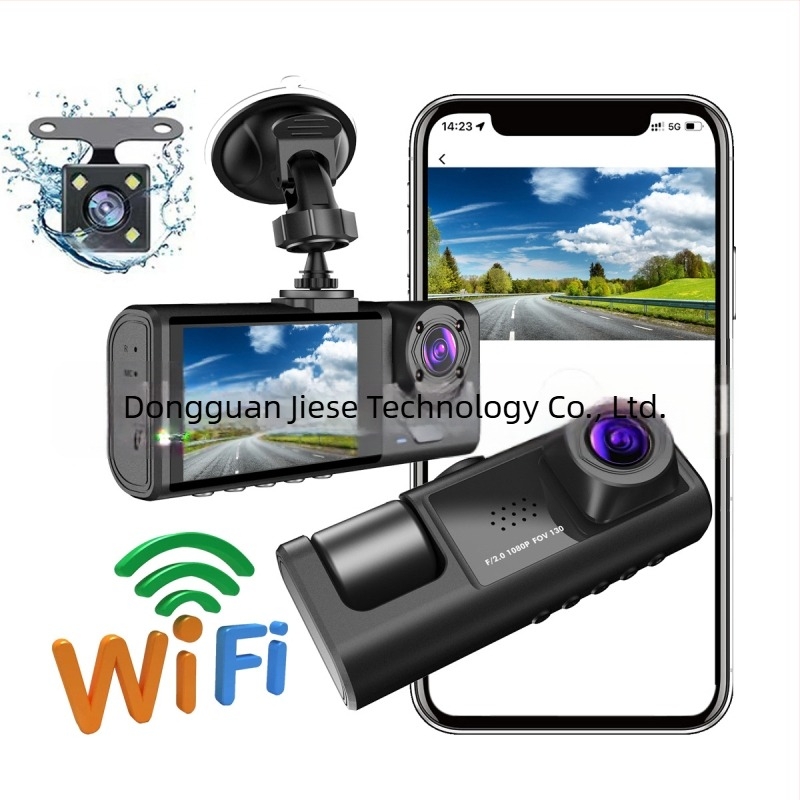 3-lencsés WiFi autókamera dash cam, 1080p elöl és hátul, 170° látószög, 2,0 inch kijelző