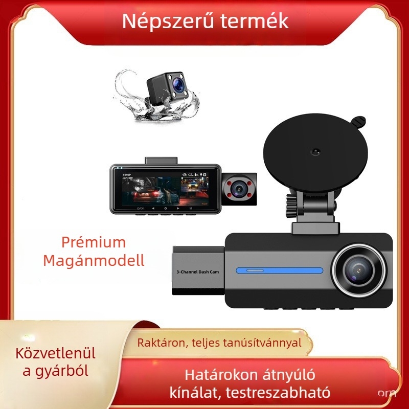 Háromlencsés 4K-s Wi‑Fi autó dash kamera, elő- és hátsó felvétel, éjszakai látás