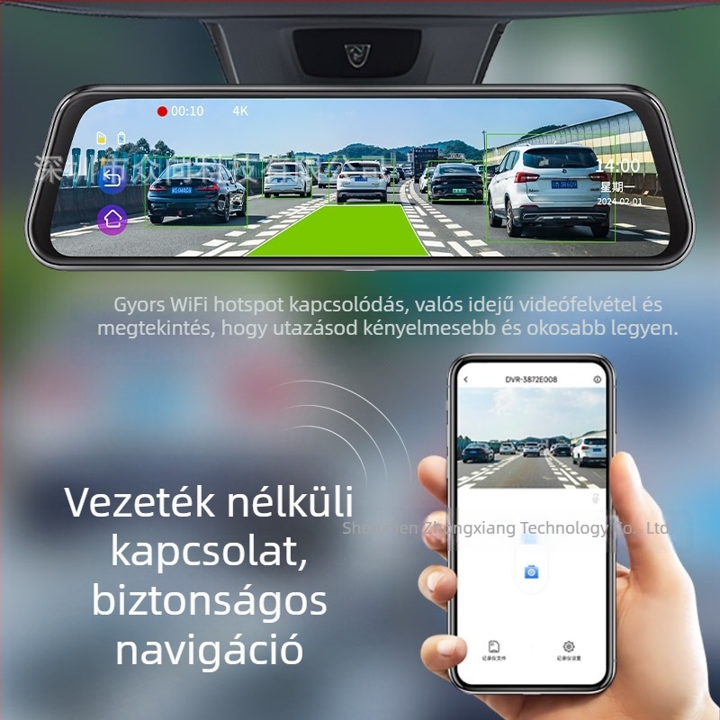 4K-s dash cam kettős elő- és hátsó kamera, 170° látószög, Wi-Fi, ADAS+BSD