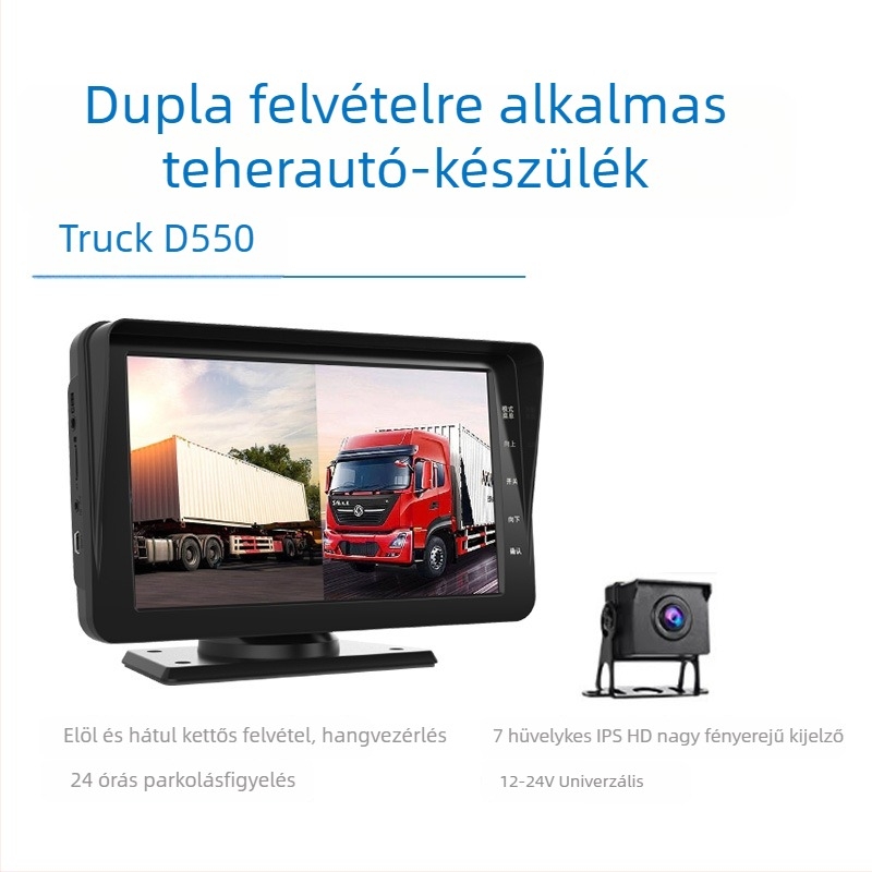 Teherszállító teherautókhoz készült kettős lencsés dash cam, 7/9 hüvelykes kijelző, AHD éjszakai látás, 24V, előre és hátra felvétel, tolató kamera