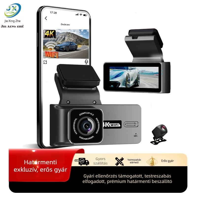 Autó dashcam: 4K Ultra HD csillagfényes éjszakai látás, elő- és hátsó felvétel, 170° széles látószög, 128GB TF-kártya támogatás