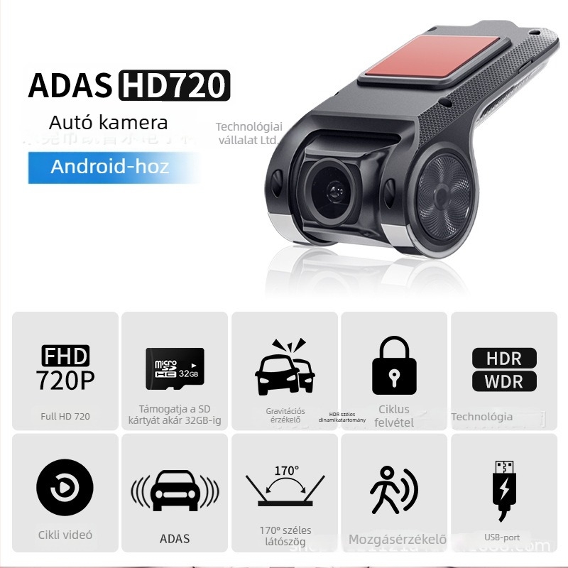 DVR720P-2 autós dash kamera 170° látószög, TF-kártya-támogatás 64GB-ig, USB interfész, 12V tápegység