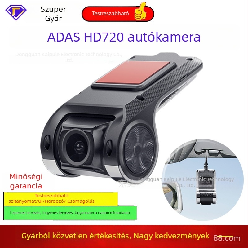 DVR720P-2 autós dash kamera 170° látószög, TF-kártya-támogatás 64GB-ig, USB interfész, 12V tápegység