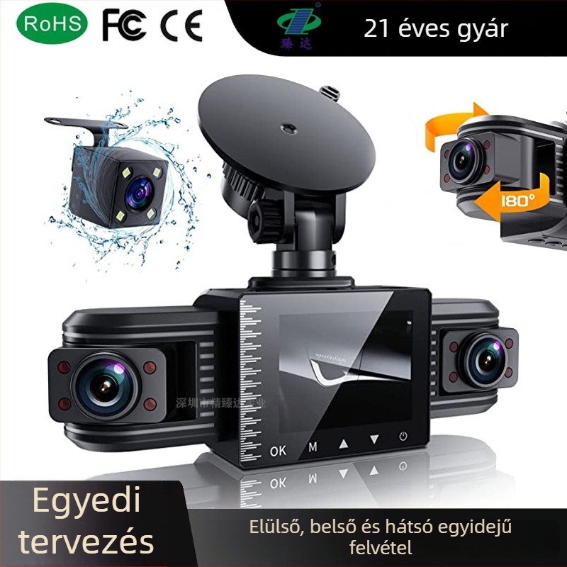 HD autós dash kamera elöl-, belső- és hátsó kamerával, 1080p, 170° látószög, háromlencsés felvétel, parkolási felügyelet, G-szenzor, ciklusos felvétel