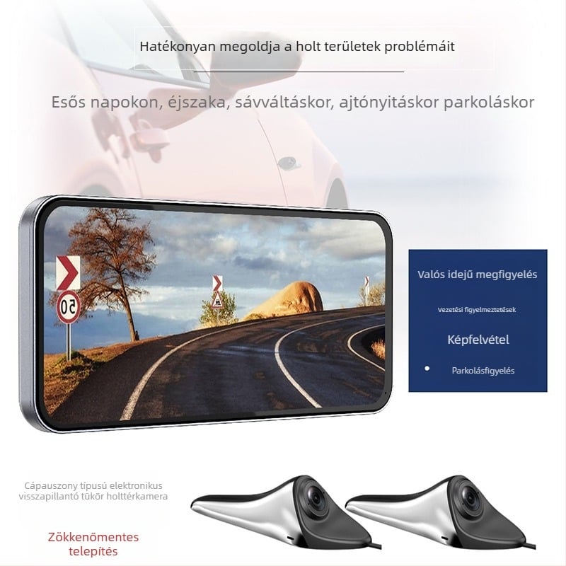 A65CMS Digitális visszapillantó tükör kettős kamerás rendszerrel, 1080p, 120° látómező, érintéses működés, parkolásfigyelés