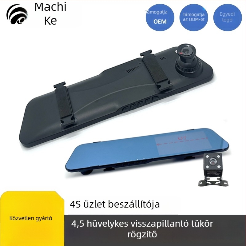 Vékony autó tükrös DVR elő- és hátsó kettős felvétellel, hátrameneti kép, HD éjszakai látás, 4,5 colos kijelző, Wi‑Fi