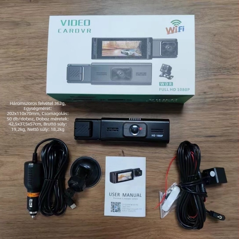 S18 autós dash cam, 3,16 hüvelykes IPS HD éjjellátás, Wi‑Fi, elöl és hátul háromcsatornás felvétel