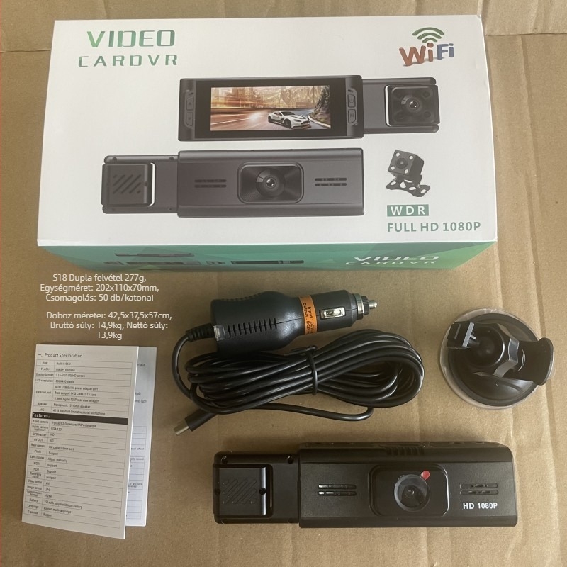 S18 autós dash cam, 3,16 hüvelykes IPS HD éjjellátás, Wi‑Fi, elöl és hátul háromcsatornás felvétel