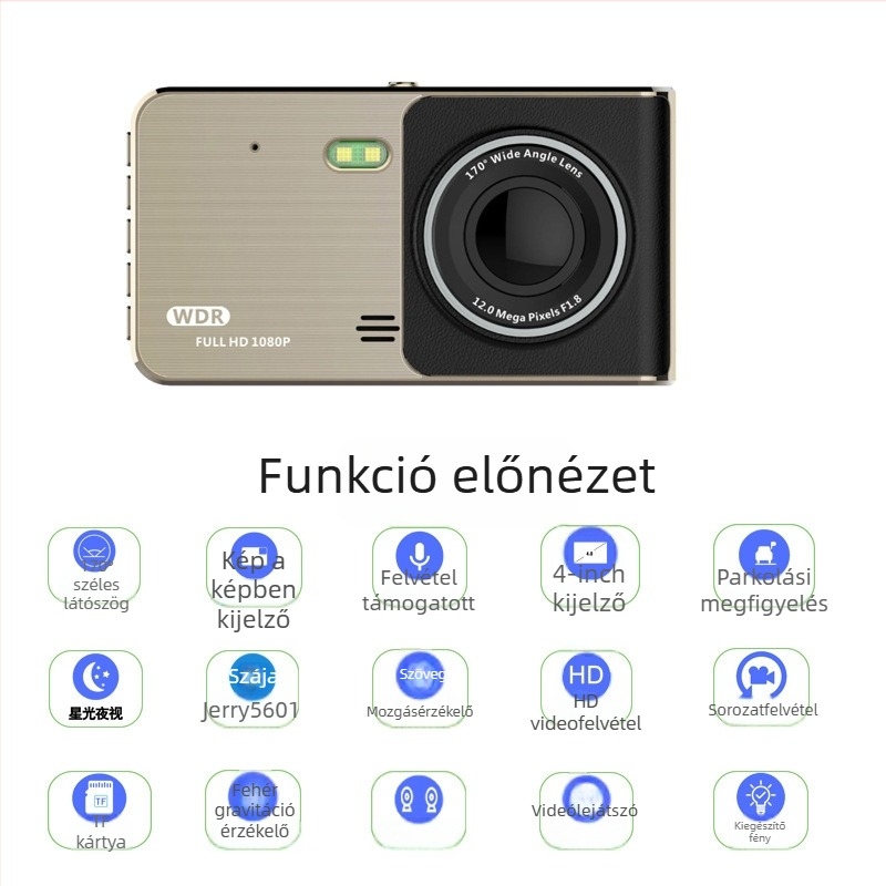 Autó-dash kamera kettős objektívvel, IPS érintőképernyő, 1080p, 170° széles látószög, ciklikus felvétel, hátrameneti nézet