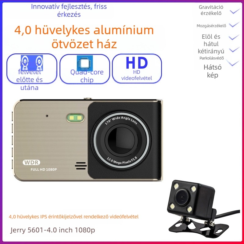 Autó-dash kamera kettős objektívvel, IPS érintőképernyő, 1080p, 170° széles látószög, ciklikus felvétel, hátrameneti nézet