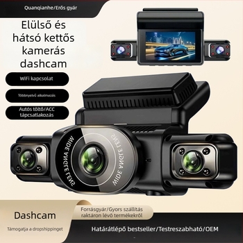 2026-os négycsatornás autós dashcam, 5K ultraéles felvétel, hangvezérlés, Wi-Fi, panorámás elő- és hátsó nézet, őrző mód, széles látószög