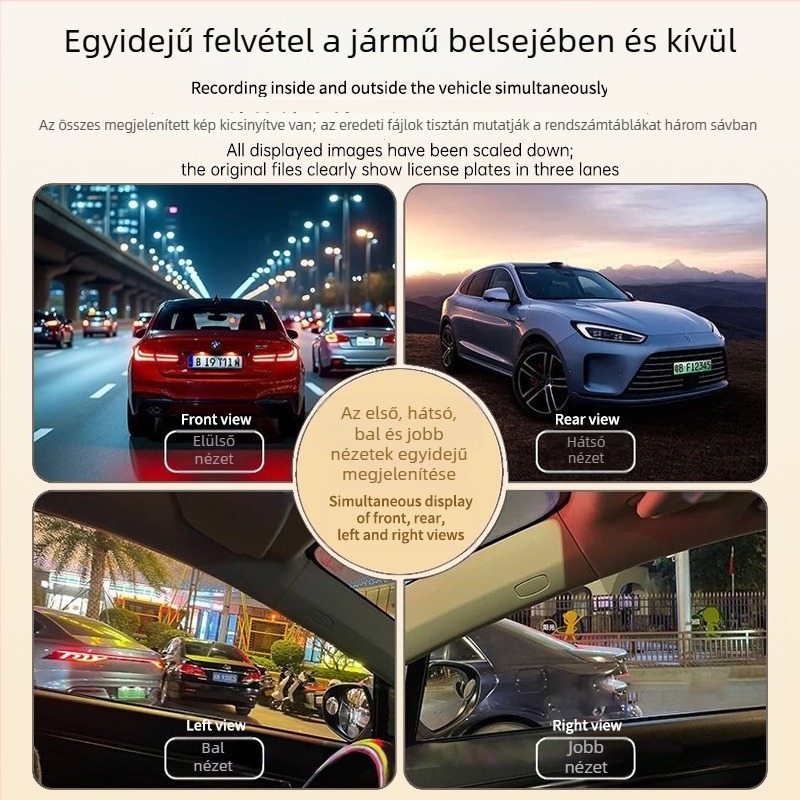 2026-os négycsatornás autós dashcam, 5K ultraéles felvétel, hangvezérlés, Wi-Fi, panorámás elő- és hátsó nézet, őrző mód, széles látószög