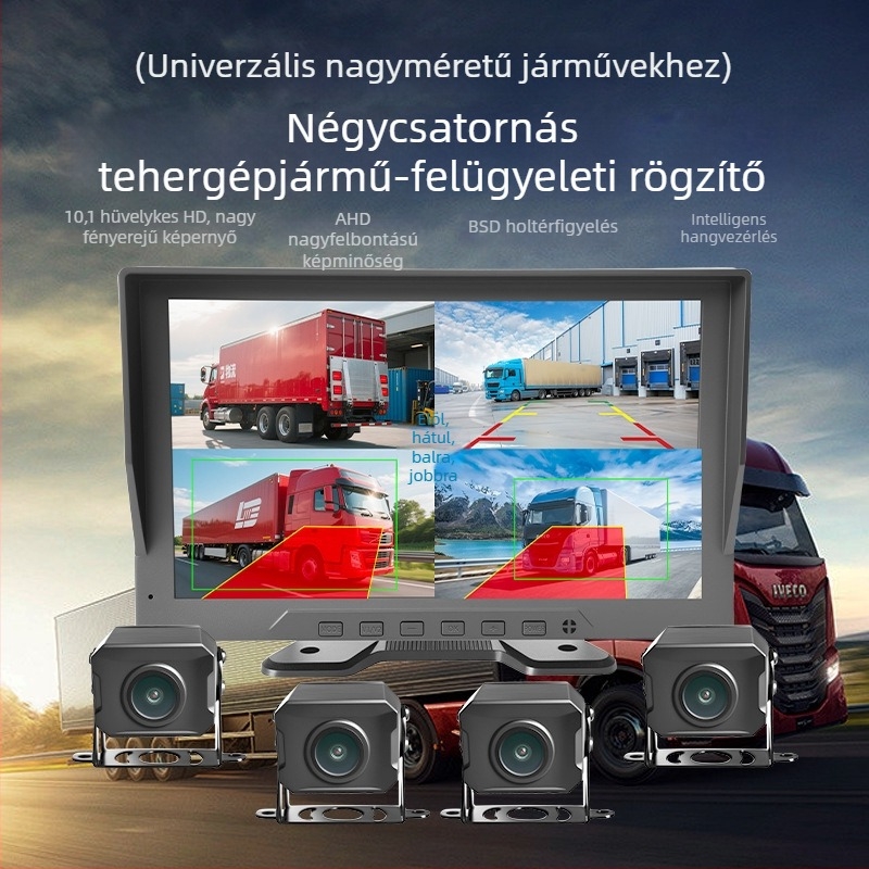 Négycsatornás teherautó-dashcam AI négyirányú holttérfigyeléssel és tolatási kép rendszerrel