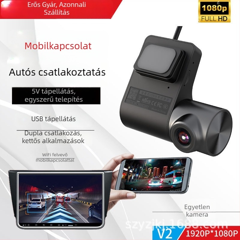 V2 univerzális HD dashcam autóhoz, Wi‑Fi, okostelefonnal való kapcsolattal, dupla USB és ADAS a vezetés segítésére