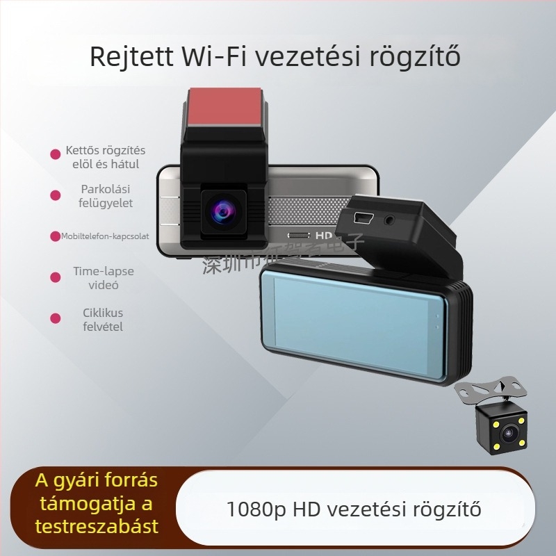 3,16 hüvelykes Wi-Fi dash cam elő- és hátoldali felvétellel, 1296P, 170° széles látószög, parkolási mód