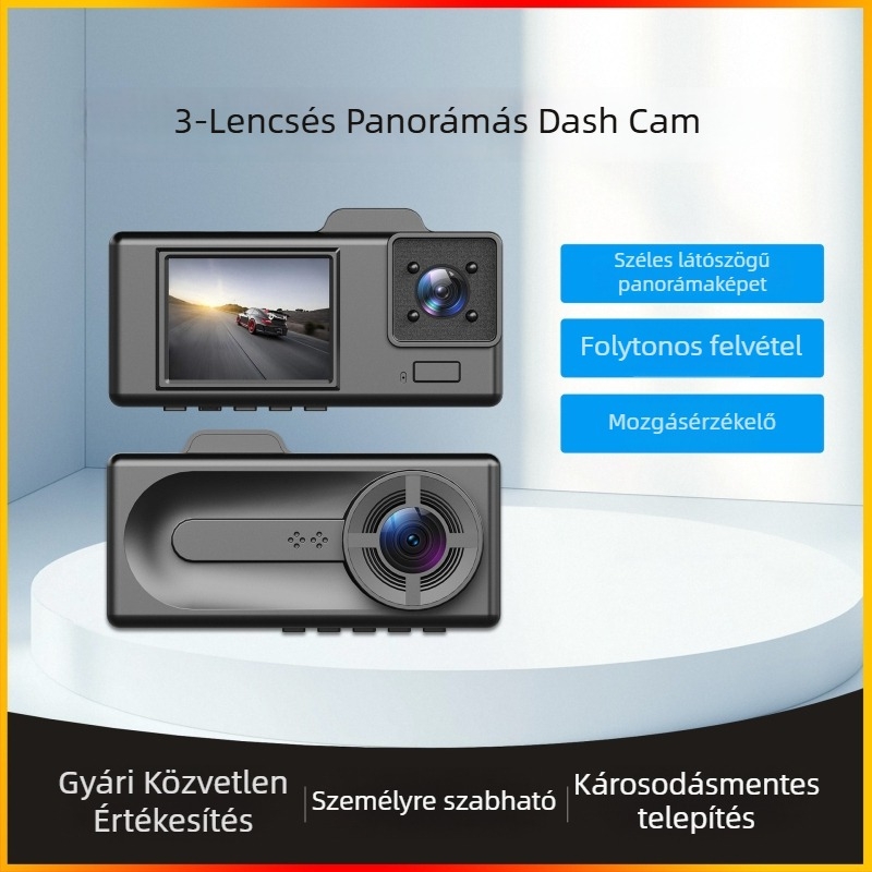 Háromkamerás autós DVR 1080p, Wi-Fi, éjjellátás, 140° széles látószög, 128GB memória