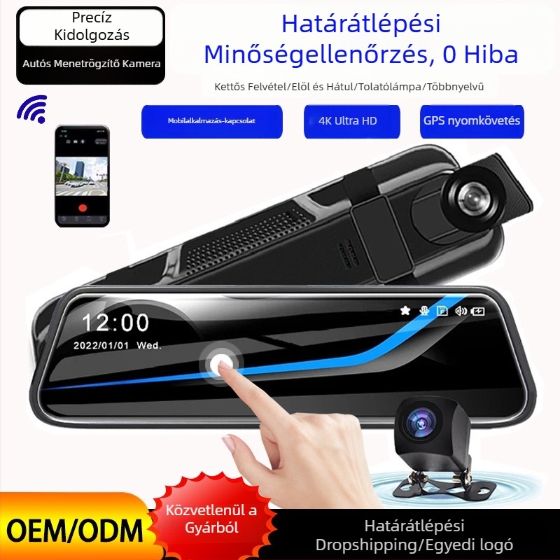 10 hüvelykes érintőképernyős dashcam, dupla lencsével, GPS-szel és hátsó felvétellel