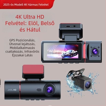 Háromlencsés 4K fedélzeti kamera elöl, középen és hátul, éjszakai látás, beépített GPS-szel