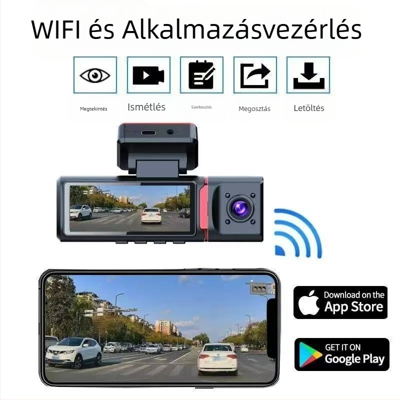 Háromlencsés 4K fedélzeti kamera elöl, középen és hátul, éjszakai látás, beépített GPS-szel