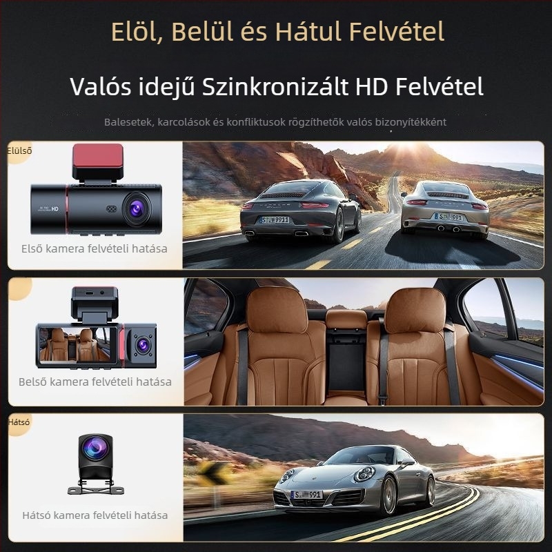 Háromlencsés 4K fedélzeti kamera elöl, középen és hátul, éjszakai látás, beépített GPS-szel