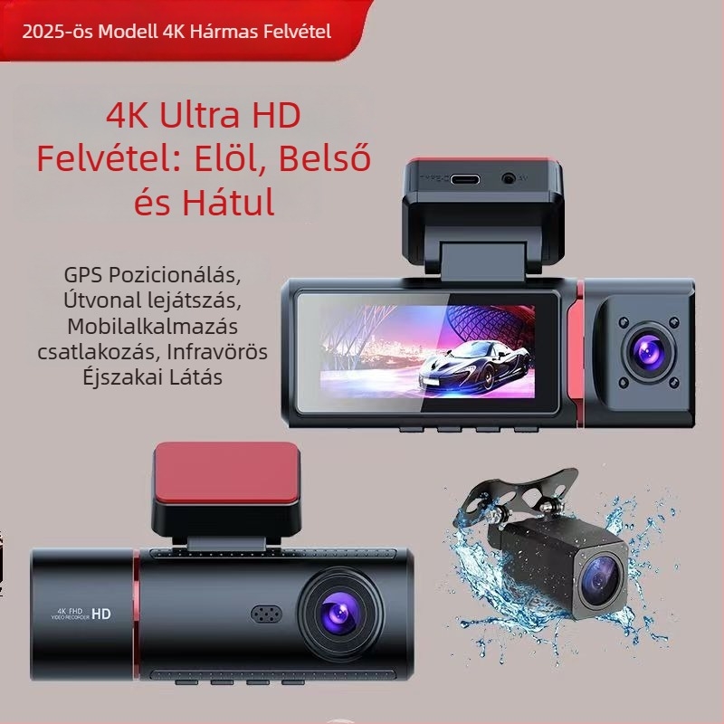 Háromlencsés 4K fedélzeti kamera elöl, középen és hátul, éjszakai látás, beépített GPS-szel